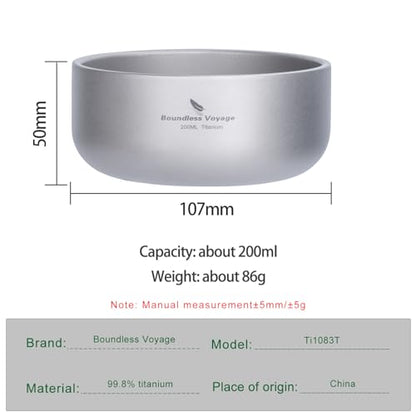 Boundless Voyage 200ml Titanium Double-walled Bowl for Adult Children Ultralight Portable Soup Rice Food Bowl Outdoor Camping Durable Metal Tableware Ti1083T - color: 200ml-Ti1083T