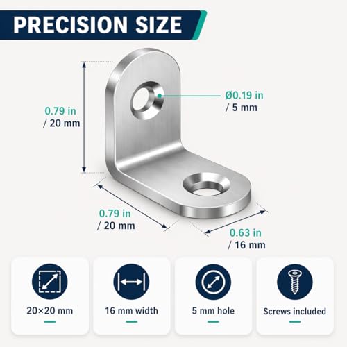 40PCS Stainless Steel L Brackets with 80 Screws, Small Right Angle Corner Braces, 0.79 x 0.79 Inch Metal Brackets for Shelves, Cabinets, Drawers, Chairs and Wood Furniture.