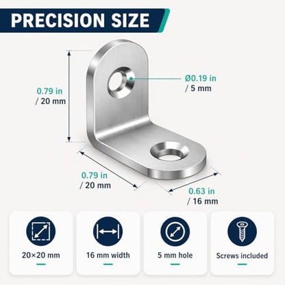 40PCS Stainless Steel L Brackets with 80 Screws, Small Right Angle Corner Braces, 0.79 x 0.79 Inch Metal Brackets for Shelves, Cabinets, Drawers, Chairs and Wood Furniture.