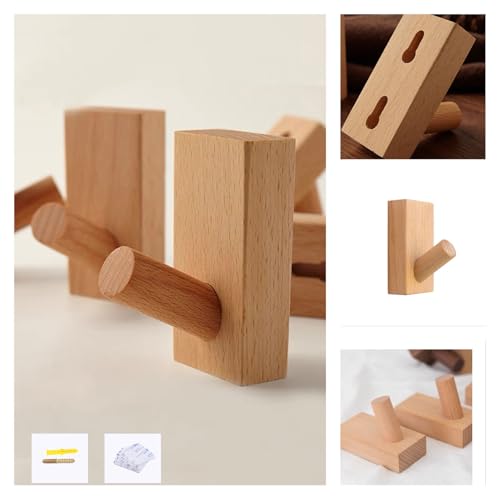 HomeDo Adhesive Wood Wall Hooks, Decorative Coat Hooks Hat Rack, Beech 4P - color: Rectangle-Beech