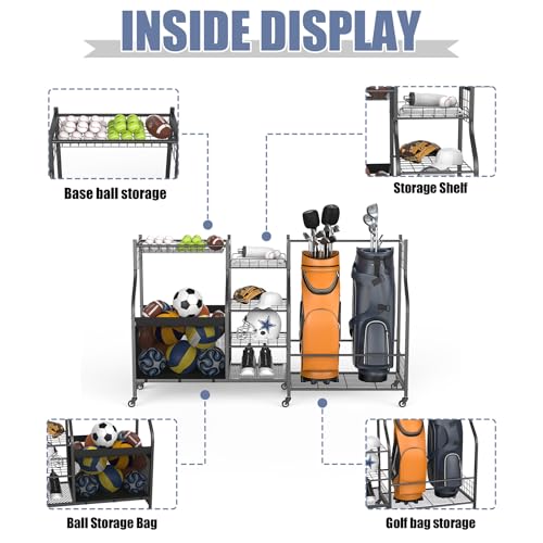 WALMANN Golf Bag Storage with Wheels, Rolling Sports Equipment Organizer | Large Capacity Garage Storage Cart for Balls, Golf Bags, Sports Gear - style: Rolling Stand for 2 Bags