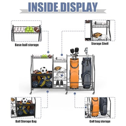 WALMANN Golf Bag Storage with Wheels, Rolling Sports Equipment Organizer | Large Capacity Garage Storage Cart for Balls, Golf Bags, Sports Gear - style: Rolling Stand for 2 Bags