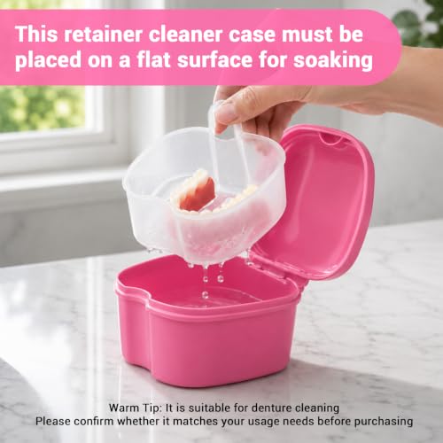 Annhua Denture Retainer Container Case Cleaning,Denture Bath Box False Teeth Storage Box - color: Pink