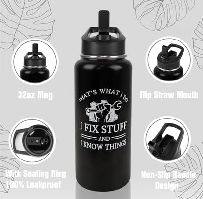 Mechanic Water Bottle with Straws Garage Insulated Water Bottle Gifts for Men,Father,Dad,Grandpa,Husband,Car Guy,Anniversary,Fathers Day Travel Thermal Double Walled Vacuum Cup-32 oz - color: black mechanic