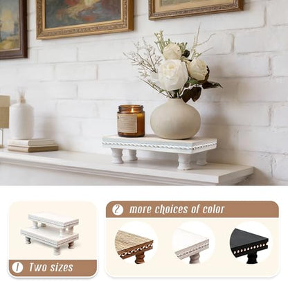 Wood Tray Pedestal Stand, Waterproof Bathroom Counter Organizer, Modern Farmhouse Riser for Soap/Candle/Sponge White Small