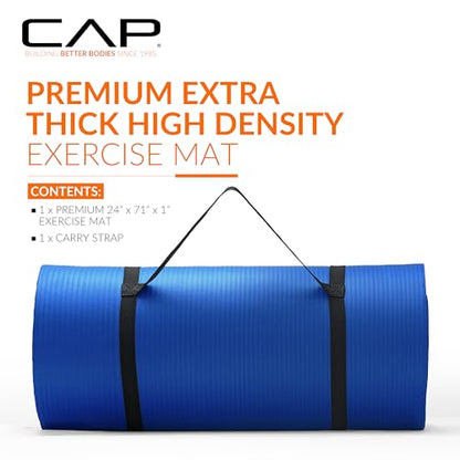 CAP 1" Extra Thick Yoga Mat, Exercise Mat with Strap, Multiple Colors - color: Blue