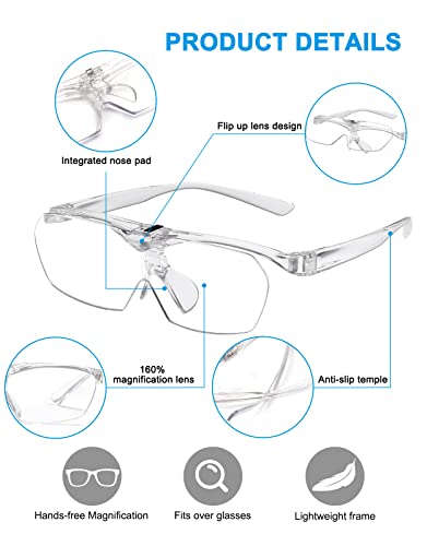 OKH 160% Magnifying Glasses, Flip Up Down Lens, Hands-Free Magnifier Eyeglasses for Close Work, Reading, Sewing, Jewelry Making, Craft, Hobby, Painting - color: Clear