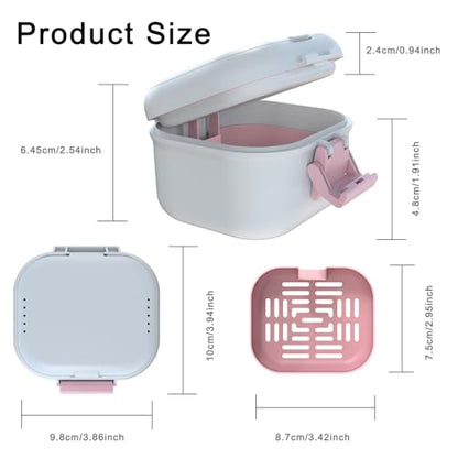 BVN Denture Case with Strainer, Leak Proof Denture Soaking Box | Dental Cup with Storage Compartment, Magnetic Lid & Ventilation Design for Dentures, Retainers and Braces - color: White+pink