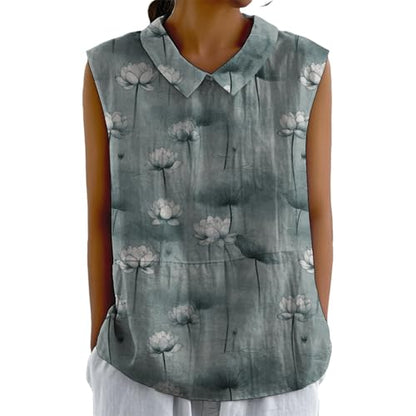 domirica Graceful Japanese Art Pattern Sleeveless Collared Tank Top Soft Casual Boho Sleeveless Tshirts for Women - color: Lotus-f, size: Medium