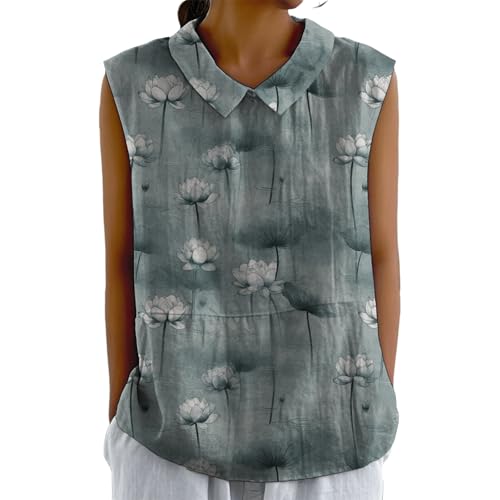 domirica Graceful Japanese Art Pattern Sleeveless Collared Tank Top Soft Casual Boho Sleeveless Tshirts for Women - color: Lotus-f, size: XX-Large
