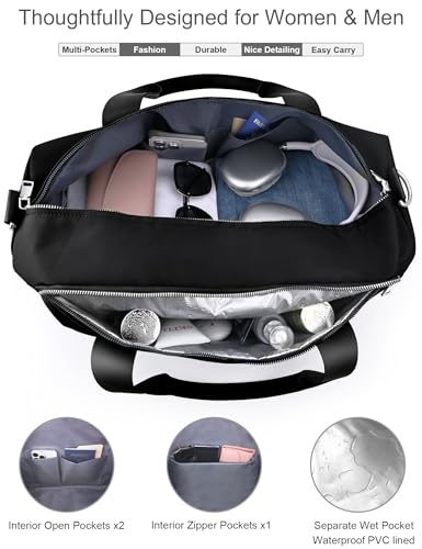 19" Black Personal Gym Bag for Women,with Shoe Compartment & Wet Pocket - color: Black, size: 19" Medium Size
