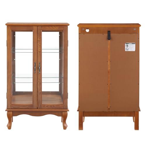 43" H Lighted Curio Cabinet Display Case with Light Bulb, Glass Curio Cabinet with Adjustable Shelves & Tempered Glass Door, Wooden Cabinets w/Mirrored Back Pane for Living Room(Oak)