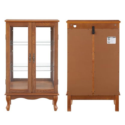 43" H Lighted Curio Cabinet Display Case with Light Bulb, Glass Curio Cabinet with Adjustable Shelves & Tempered Glass Door, Wooden Cabinets w/Mirrored Back Pane for Living Room(Oak)