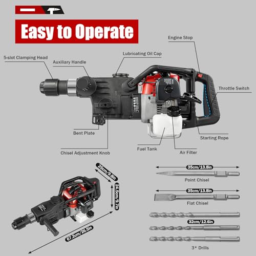 33CC 2 Stroke Gas Powered Demolition Jack Hammer, 3-in-1 Gasoline Hammer Drilling Machine Breaker Punch Drill Chisels Heavy Duty Gasoline Concrete Breaker Rock Drill for Crushing, Chiseling