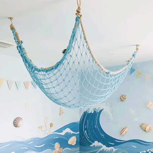 ITEFDTUTNE Natural Fishing Net Decor with Shells, Soft Cotton Rope Ocean Themed Mesh Wall Hanging Fish Net Decoration for Home Wedding Birthday Party Beach (Blue)