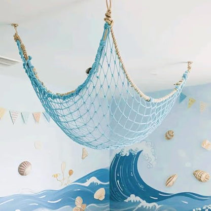 ITEFDTUTNE Natural Fishing Net Decor with Shells, Soft Cotton Rope Ocean Themed Mesh Wall Hanging Fish Net Decoration for Home Wedding Birthday Party Beach (Blue)
