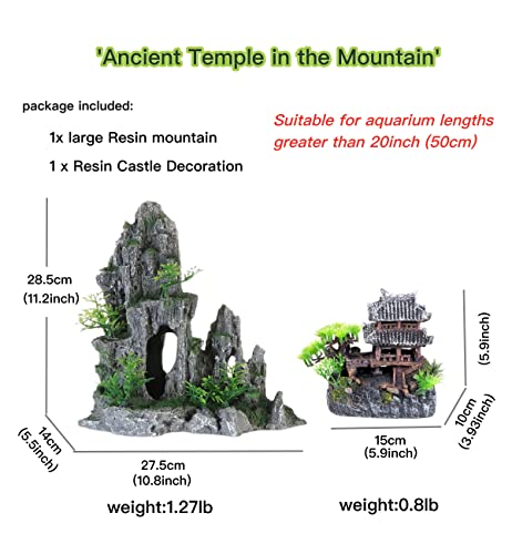 Extra Large Aquarium Decorations kit - “Ancient Temple in The Mountain”, Japanese Aquarium Decorations Resin Aquarium Castle Decorations Aquarium Mountain View Stone