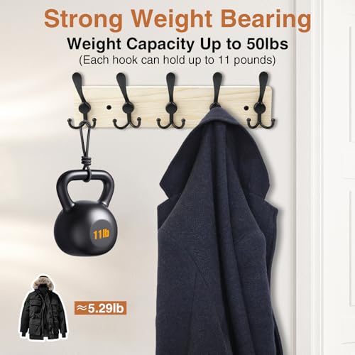Wooden Coat Rack Wall Mount Heavy Duty, 2 Pack Coat Hanger Wall Mount with 5 Triple Hooks for Clothes, Jacket, Hat, Keys, Space Saving Entryway Organizer for Mudroom (Natural Plate & Black Hooks) - color: Natural Plate & Black Hooks