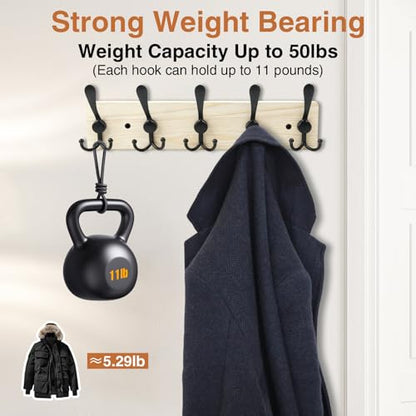 Wooden Coat Rack Wall Mount Heavy Duty, 2 Pack Coat Hanger Wall Mount with 5 Triple Hooks for Clothes, Jacket, Hat, Keys, Space Saving Entryway Organizer for Mudroom (Natural Plate & Black Hooks) - color: Natural Plate & Black Hooks