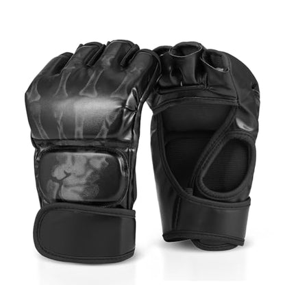 Flexzion MMA Gloves Fingerless Boxing Gloves for Men Women and Teen Youth, UFC Grappling Krav MAGA Kickboxing Gloves for Training Punching Bag Muay Thai Hitting Mitts Cutoff Martial Art Gloves - color: Black