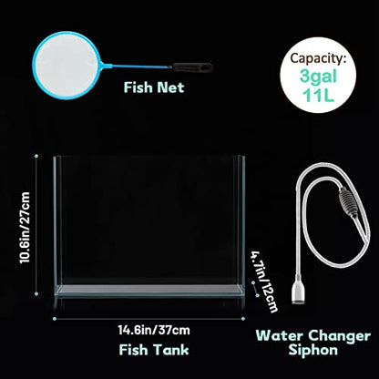 3 Gallon Ultra Clear Glass Fish Tank, Rimless Low Iron Aquarium for Betta/Nano/Goldfish/Snail/Shrimp, Small Fish Tank with Fish Net & Cleaning Tools - color: 3 Gal