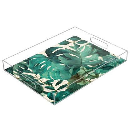 Acrylic Tray Clear Serving Vanity Ottoman Bathroom Coffee Table Countertop Organizer Raised Edge Spill Proof Green Retro Palm Leaves - color: Green Retro Palm Leaves