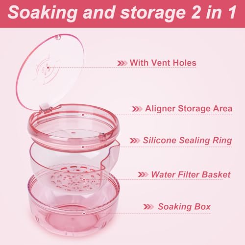 Retainer Cleaner Case,Double Layer Denture Cup for Soaking - color: Pink