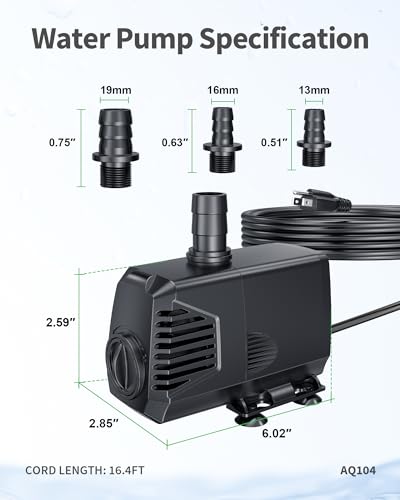 680GPH Submersible Pump(2400L/H, 55W), Ultra Quiet Fountain Pump with Over Heating Protection & Filter Sponge 8.5ft High Lift for Pond, Fish Tank, Aquarium, Hydroponics, Waterfall Q104