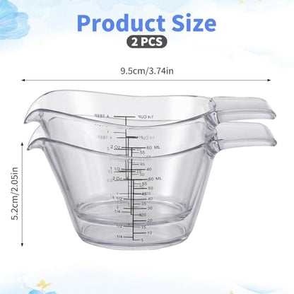 2 Pcs 2 Ounce Small Measuring Cups with V-Shaped Spout, 60ml Clear Mini Measuring Cup with tsp/Tbsp/oz/ml Markings, Clear Easy-Read Markings Scale for Kitchen, DIY Mixing, Beauty Mixings