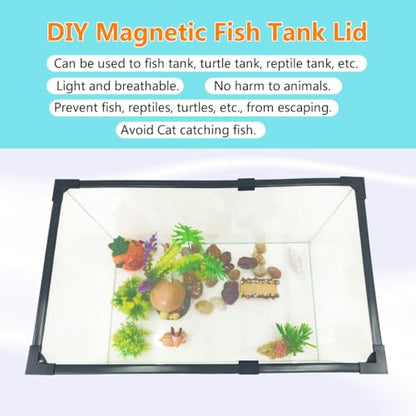 Magnetic Fish Tank Lid Dark Grey Frame Grey Fiberglass Mesh, DIY Aquarium Lid Adjustable Size Fit Tank Size Max 35''x19'' for Preventing Fish from Jumping Out and Reptile Escaping