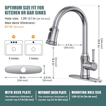 Kitchen Faucet with Pull Down Sprayer, Single Handle High Arc Utility Sink Faucet with Deck Suitable for bar for Kitchen Sink, Laundry Sink, Wet Bar or RV, Brushed Nickel