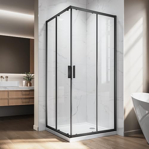 Corner Shower Enclosure 34" L X 34" W X 76" H. Double Corner Sliding Shower Door With 1/4 In Nano-Coated Tempered Glass, Shower Glass Doors In Matter Black - color: Matter Black, size: 34"D x 34"W x 76"H