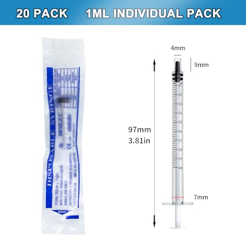 20 Pack 1ml/cc Syringe, No Needle, Plastic Liquid Small Syringes, Individually Wrapped, Ideal for Science, Measuring Liquids, Feeding Pets, Greasing or Gluing.