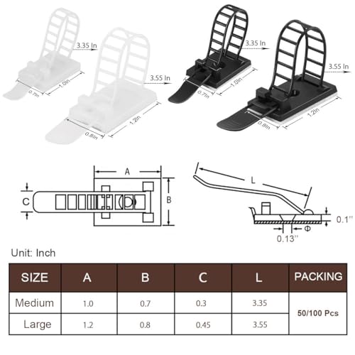 50Pcs Adhesive Cable Management Clips with 50Pcs Zip Ties, Adjustable Nylon Cable Strap Ties Wire Clips Clamps Organizer, Extra Screw & Hole - 3.55 Inch White - color: White, size: L-50pcs