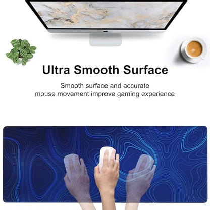 Abstract Topography Design Desk Mat,Large Dark Blue Topographic Line Art Gaming Keyboard Mouse Pad,Non-Slip Rubber Base Desk Pad Thick Stitched Edges Waterproof Mousepad Mouse Mat 31.5"x11.8" - color: Abstract Topography Design