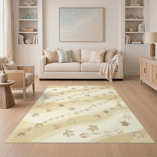 5'x7' Washable Beachy Wave Area Rug, Cream Non-Shedding Pet Friendly Carpet for Small Living Room, Playroom, Bedroom, Easy Care Kids Safe Mat | Ref:1955149 - color: Beige/Pattern 19, size: 5' x 7' (Rectangular)