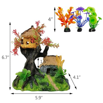 4PCS Aquarium Decoration, Fish Tank Artificial Resin Castle Ornaments, Betta Tank Landscape Decorations with Plastic Plants for Shrimp Fish Climbing Hiding - style: Country Rustic