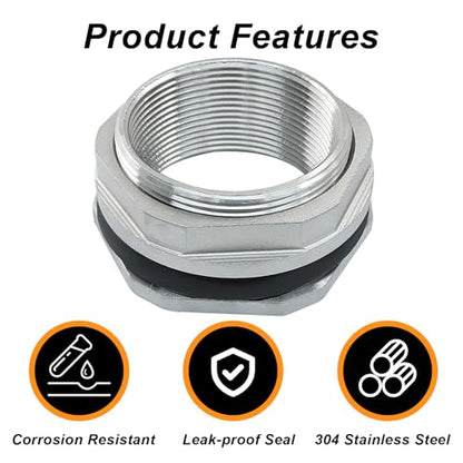 Murtenze 2" Bulkhead Water Tank Connector, Stainless Steel Water Tank Fitting Thru-bulk Adapter, Water Pipe Connector for Rain Barrels/Aquariums/Water Tanks - size: 2 Inch