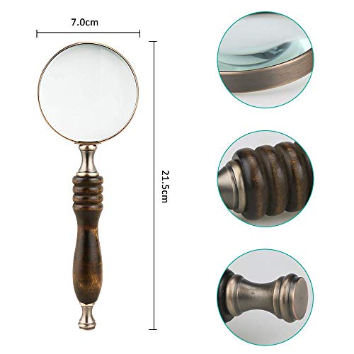 10X Handheld Magnifying Glass Antique Copper Magnifier with Sandawood Handle,High Magnification Magnifier for Reading, Senior, Low Vision, Map, Inspection, Handcraft Hobby