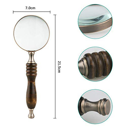 10X Handheld Magnifying Glass Antique Copper Magnifier with Sandawood Handle,High Magnification Magnifier for Reading, Senior, Low Vision, Map, Inspection, Handcraft Hobby