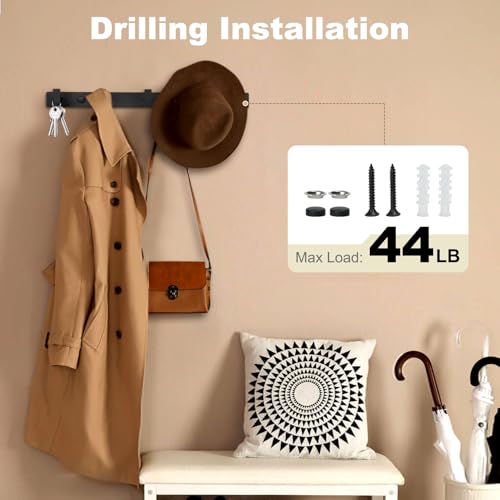 Coat Rack Wall Mount, Metal Coat Hanger with 5 Hooks, Black, 1 Pcs | Heavy Duty, Matte Finish, Includes 5 Long Thick Hooks, for Entryway, Doorway, Bedroom, Bathroom, Living Room, Closet, RV