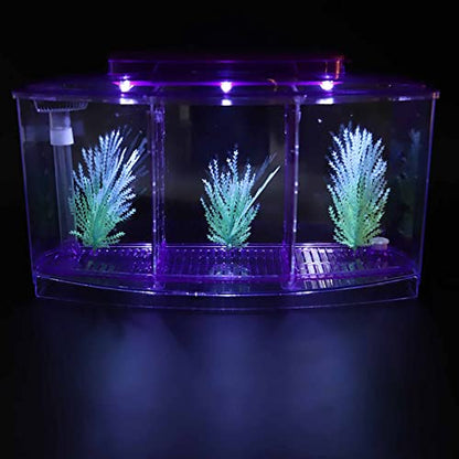 2 Betta Fish Tank With Divider, Aquarium Fish LED Acrylic Three Divisions Breeding Isolation Box for Small Fishes Aquarium Fish ()