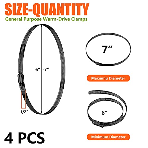 BOTTEN 4pcs Black Hose Clamp,6-7 Inch(155-178mm)304 Hose Clamps Stainless Steel Adjustable Worm Gear Hose Clamps Assortment Kit,radiator hose clamps fuel line clamps - size: 6''–7''