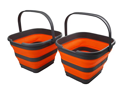 SAMMART Set of 2-10L (2.6 Gallon) Collapsible Plastic Rectangular Bucket - Portable Fishing Bucket - Foldable Tub with Handle - Pop up Saving (Grey/Orange (Set of 2)) - color: Grey/Orange (Set of 2)