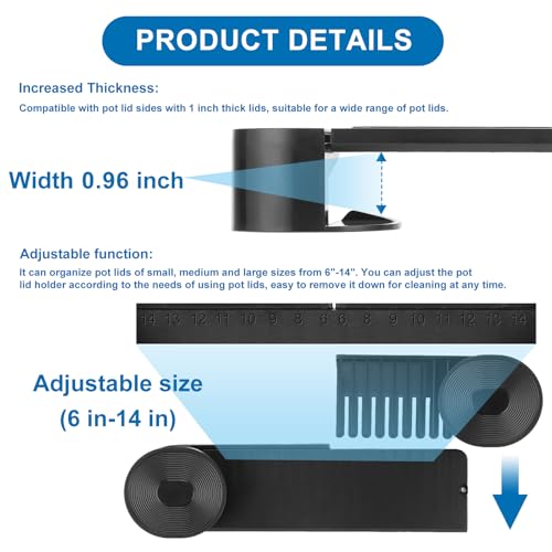 New Upgrade 4 Pack Adjustable Pot Lid Holder, Lid Organizer Fits 6" to 14" Lids, with Screw Hole Position and Sticky Wall Mounted Lid Storage Kitchen Cabinets, Cabinet Doors (Black) - color: Black