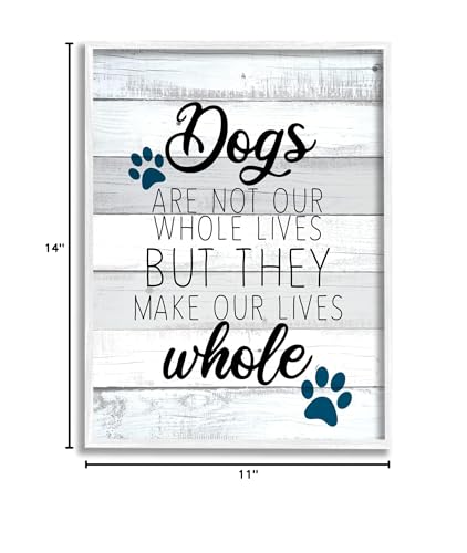 Stupell Industries Dogs Make Our Lives Whole Paw Icon Striped Backdrop, Design by Kim Allen - size: 14"L x 11"W, style: White Framed