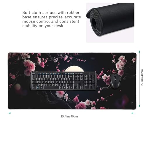XXL Gaming Mouse Pad 35.4 x 15.7 Inch, Large Extended Desk Mousepad with Cherry Blossom Moon Design, Water-Resistant Surface, Stitched Edges, Non-Slip Rubber Base Desk Mat - color: Cherry Blossom Moon