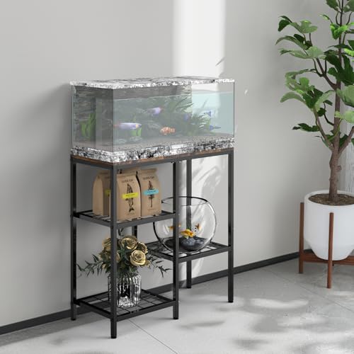 20 Gallon Aquarium Stand, 3 Tier Metal Fish Tank Stand with Shelves, Reptile Tank Stand for Accessories Storage, Turtle Terrarium Stand for Home Office,29.13" L x 12.2" W Tabletop, Brown