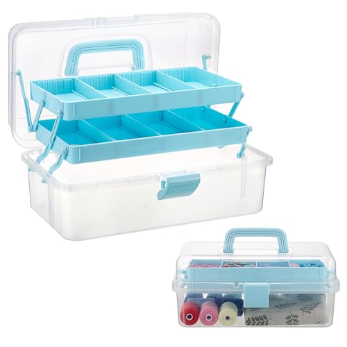 BTSKY 3-Layer Clear Plastic Dividing Storage Box Craft Organizer and Storage with Adjustable Spacers Portable Handled Art Supply Organizer Multipurpose Home Utility Box Sewing Organizers (Blue) - color: Clea+Blue