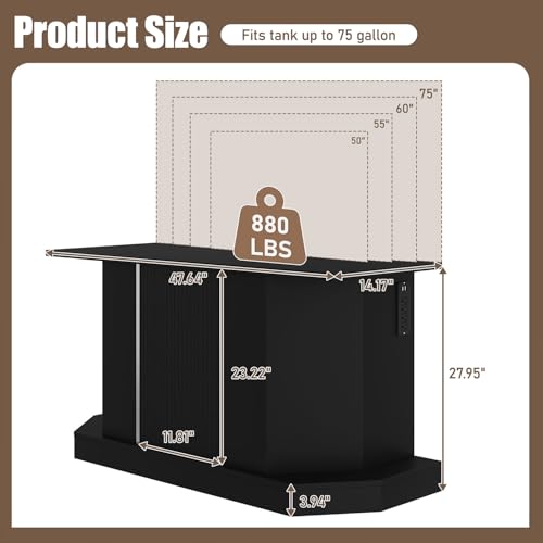 Modern 55–75 Gallon Fish Tank Stand with Power Outlet – Heavy-Duty Aquarium Stand with Cabinet Storage, 4 AC & 2 USB Ports, Reptile Terrarium or Turtle Tank, 880 lbs Capacity,Black
